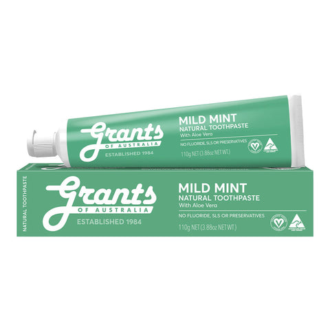 Grants Mild Mint Natural Toothpaste tube placed on top of its box against a white background.