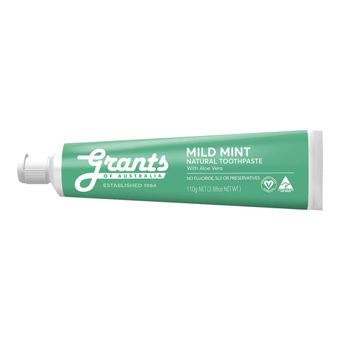 Green tube of Grants Mild Mint Natural Toothpaste.