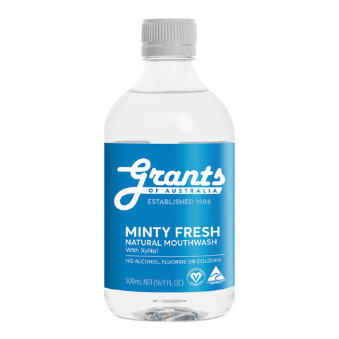 A clear bottle of mint flavoured, natural mouthwash with xylitol.