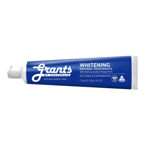 A tube of natural, whitening toothpaste with baking soda and peppermint.