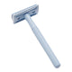 Stainless steel safety razor with a pastel blue finish.