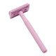 Stainless steel safety razor with a pastel purple finish.