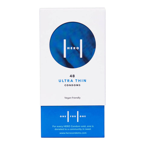 Hero condoms ultra-thin 48 pack front. For every hero condom sold, one is donated to a community in need.