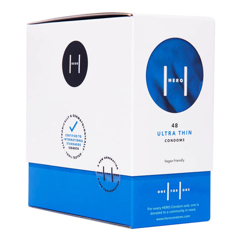 Side view of hero condoms box packaging. Blue and white simplistic design.