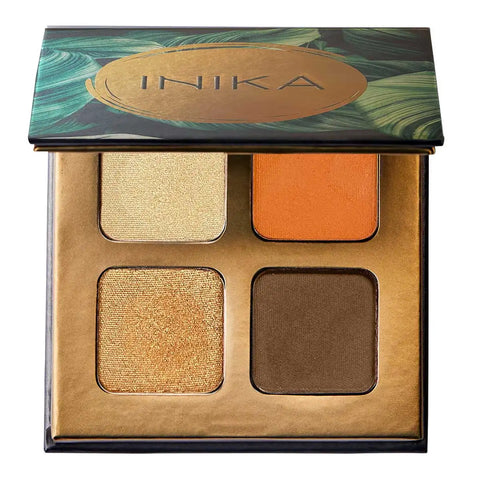 INIKA eyeshadow palette with four colours on a white background. Bright sunset orange satin finish, mid brown satin, deep gold & pale gold shimmers.