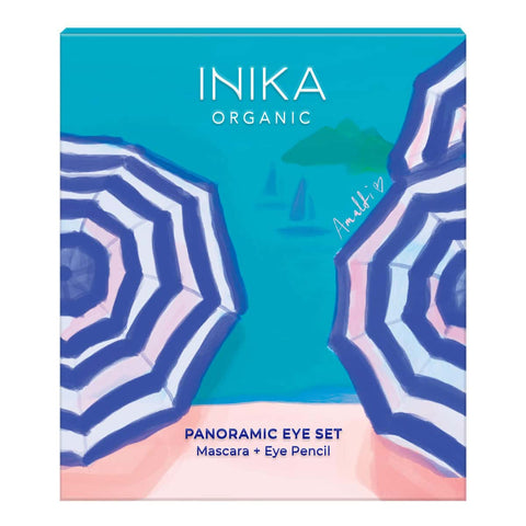 INIKA Organic Panoramic Eye Set packaging with beach umbrella design.