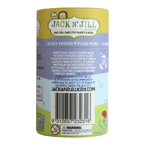 Back of a Jack N' Jill eco-friendly floss picks container with branding and product details.