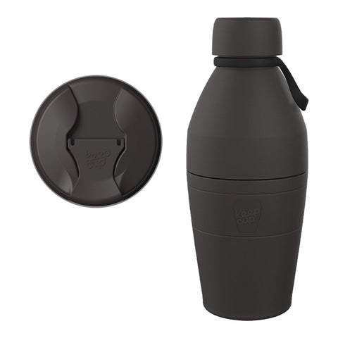 Black insulated bottle with a lid on a white background.