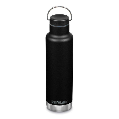 Front of Klean Kanteen Calssic Insulated Water Bottle 592ml Black with loop lid.