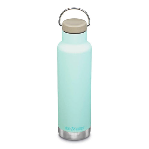 Front of Klean Kanteen Classic Insulated Water Bottle 592ml Blue Tint with beige loop lid.