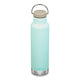 Front of Klean Kanteen Classic Insulated Water Bottle 592ml Blue Tint with beige loop lid.