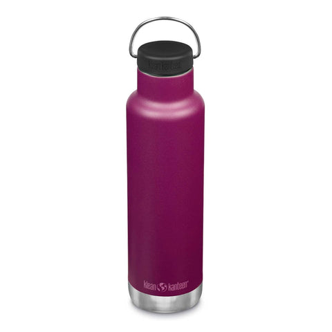 Front of Klean Kanteen Classic Insulated Water Bottle 592ml Purple Potion with black loop lid. 