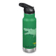 Front of Klean Kanteen Classic Kids Insulated Water Bottle 355ml Green with illustration of a dinosaur on a skateboard.