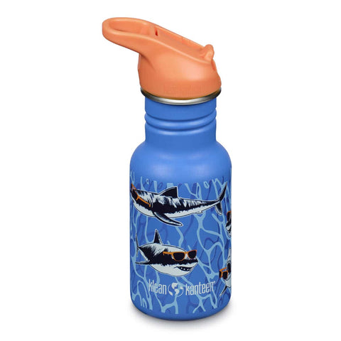 Front of Klean Kanteen Classic Kids Water Bottle 355ml with orange cap. Blue bottle with illustrations of sharks wearing sunglasses.