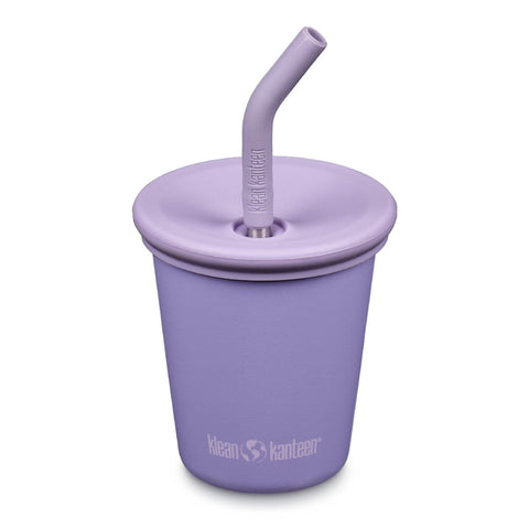 Front of Klean Kanteen Kids Cup with Straw Lid 295ml - Paisley Purple. Stainless steel cup & straw with silicone lid & straw tip.