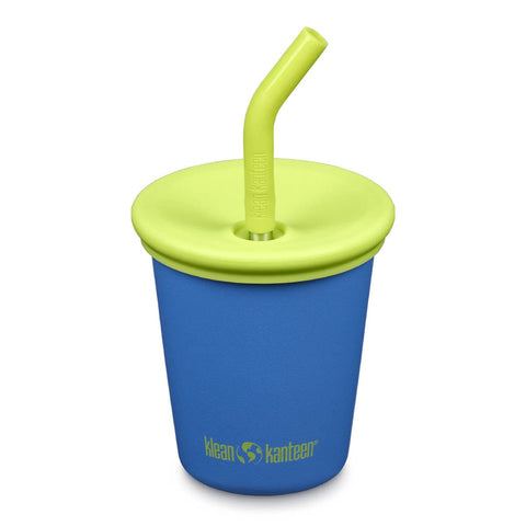 Front of Klean Kanteen Kids Cup with Straw Lid 295ml - Super Sonic. Blue steel cup with green silicone lid & straw tip.