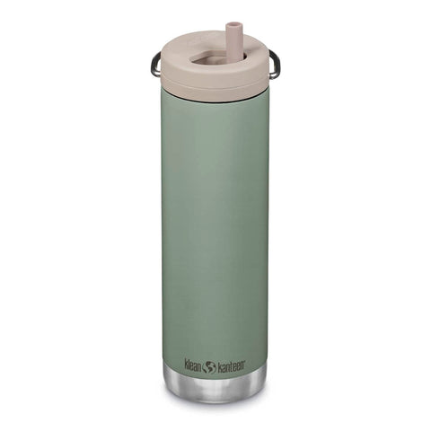 Front of Klean Kanteen TK Wide Insulated Water Bottle 592ml with Twist Cap - sea spray. Green bottle with beige twist cap.
