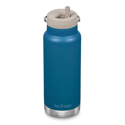 Klean Kanteen TK Wide Insulated Water Bottle 946ml with Twist Cap - Corsair. Blue bottle with beige lid & straw on a white background.