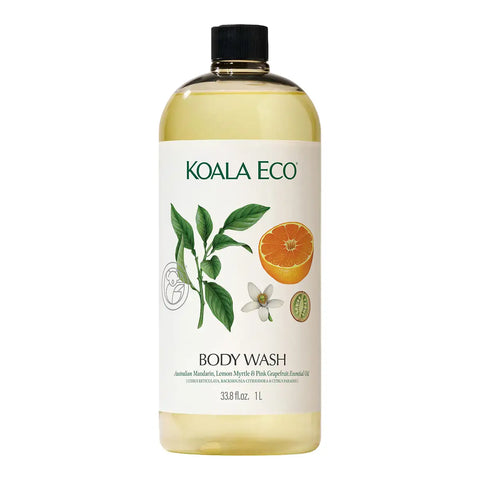 A 1L bottle of Koala Eco Body Wash with Australian Mandarin, Lemon Myrtle & Pink Grapefruit Essential Oils, featuring a white label with green and orange illustrations.