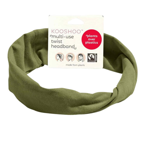Kooshoo Organic Twist Headband - Olive Branch with a label on a white background.