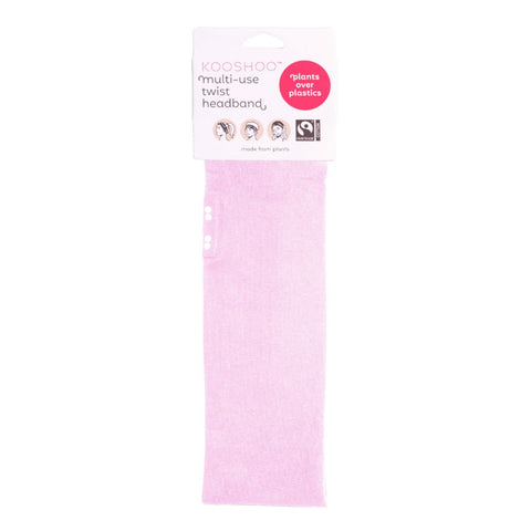 Pink Kooshoo Organic Twist Headband - Pink Mist with packaging on a white background.