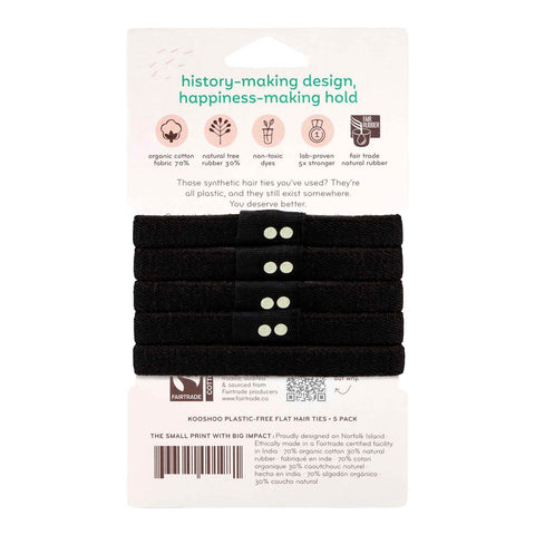 Packaging of black hair ties with a white background and text about sustainability.