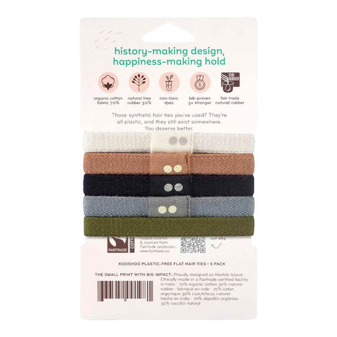 Pack of five flat hair ties on a white background with branding and text.