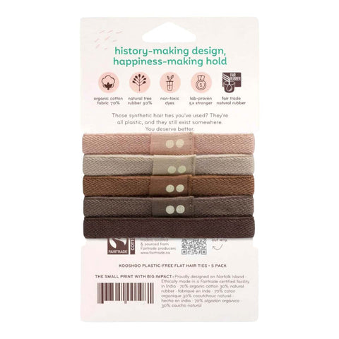 Back packaging of Kooshoo Plastic-Free Hair Ties - Earth Tints with labels on a white background.