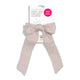 Pumice Stone (grey-beige coloured) plastic-free satin bow scrunchie on a white background with 'Kooshoo' branding.