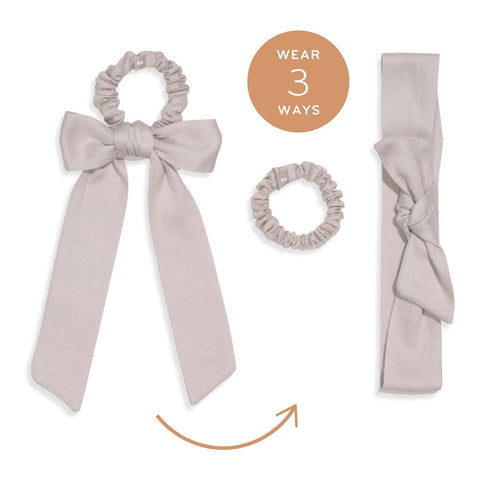 Kooshoo satin bow scrunchie can be worn 3 ways - bow, scrunchie without bow, headband. 