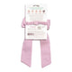 Violet Ice (pink) coloured satin bow ribbon with back of packaging on a white background