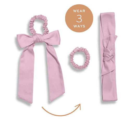Kooshoo satin bow scrunchie can be worn 3 ways - bow, scrunchie without bow, headband. 