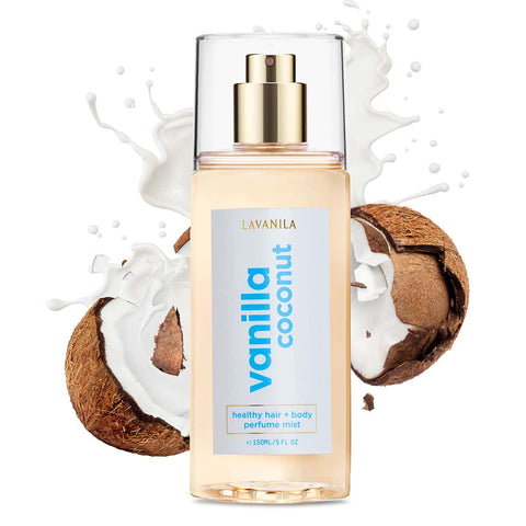 Lavanila Vanilla Coconut 150ml perfume mist bottle with coconut and milk splash on a white background.