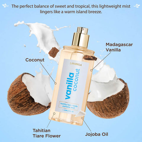 Lavanila Vanilla Coconut 150ml perfume bottle with coconut halves & product details on a blue background.