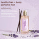 A bottle of perfume in vanilla lavender scent, displayed on a reflective white surface with vanilla beans and scattered lavender sprigs.