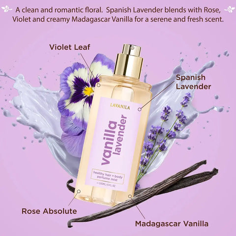 Vanilla Lavender perfume mist bottle with a gold spray cap, surrounded by purple flower graphics, vanilla beans, and text labels on a light purple background.