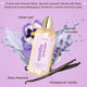 Vanilla Lavender perfume mist bottle with a gold spray cap, surrounded by purple flower graphics, vanilla beans, and text labels on a light purple background.