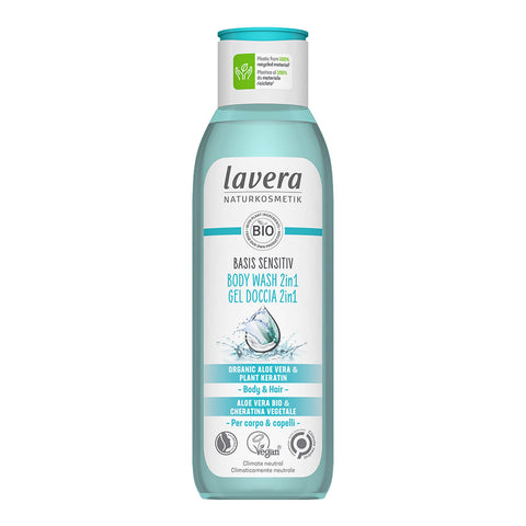 A bottle of certified organic, natural, cruelty free and vegan 2-in-1 hand and body wash.