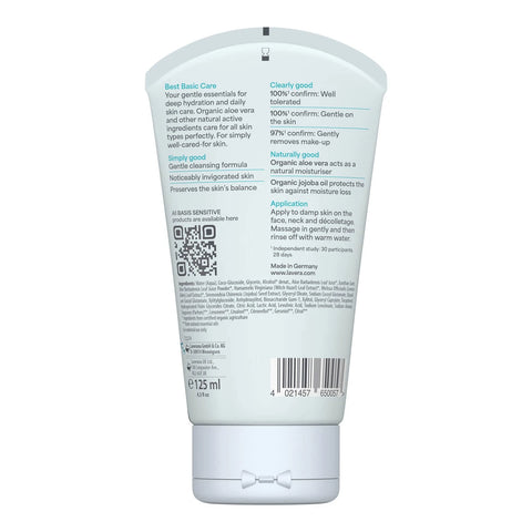 Back view of Lavera Basis Sensitive Cleansing Gel tube with product information. Made in Germany. 