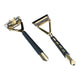 Two gold razors with black handles on a white background
