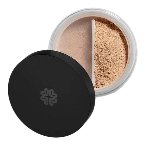 Open container of loose powder with a black lid featuring a logo, on a white background.