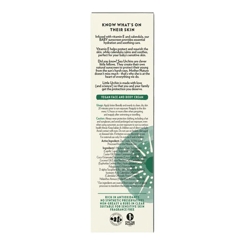 A tall, narrow product box for baby sunscreen, featuring detailed text about ingredients, usage, and benefits on a white background with a green circular graphic.