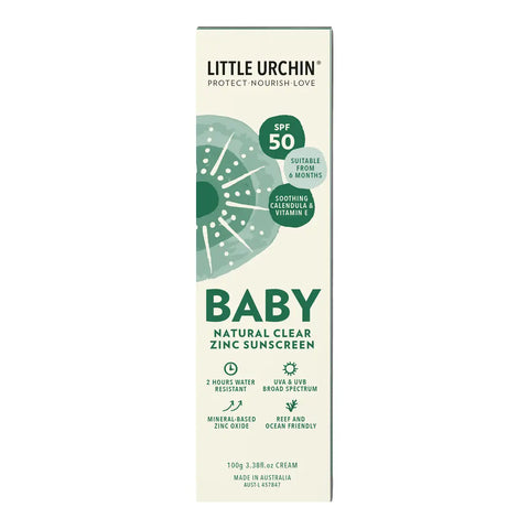 A tall rectangular box of Little Urchin Baby Natural Clear Zinc Sunscreen SPF 50, featuring a cream background with green and teal graphics and text.