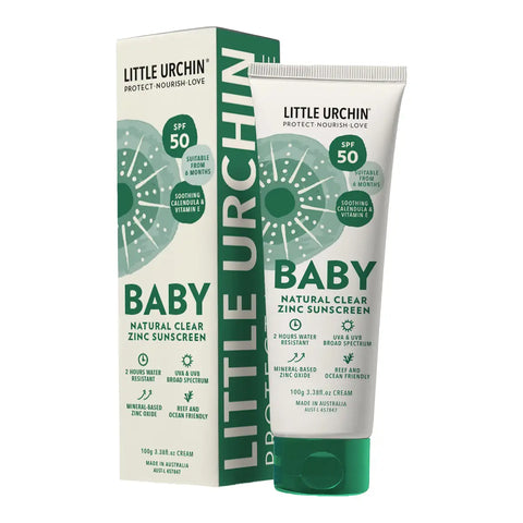 Little Urchin Baby Natural Clear Zinc Sunscreen tube and matching retail box, featuring a white and green design with SPF 50 protection claims.