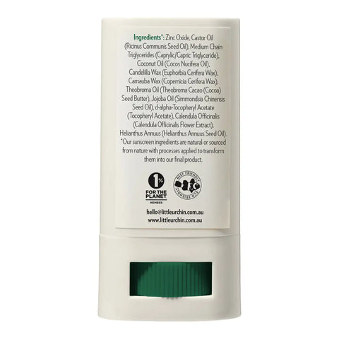Back side of a white sunscreen stick container showing product details, directions, a barcode, and text indicating zinc oxide 24.5% (w/w) on a white background.