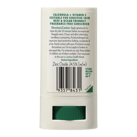 The back of a baby sunscreen tube with a label showing ingredients and logos on a white background.