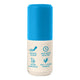 A cylindrical sunscreen bottle with a bright blue cap and a cream-coloured lower body, featuring blue text and icons highlighting product features like natural color, water resistance, vegan sunscreen, and reef and ocean friendliness.