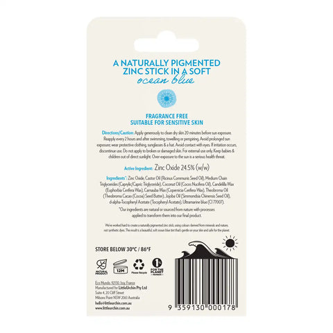 The back of a zinc stick package, featuring product details, ingredients, icons, and a barcode on a cream-coloured background.