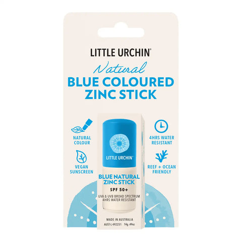 Little Urchin Natural Blue Coloured Zinc Stick SPF 50+ in its original retail blister packaging, featuring a white card with blue and black text.