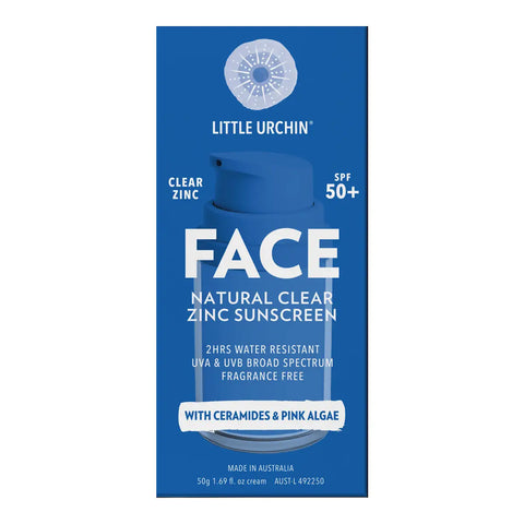 A tall blue rectangular box for Little Urchin Face Natural Clear Zinc Sunscreen SPF 50+, shown centered on a white background. The box features a blue pump illustration and white text.